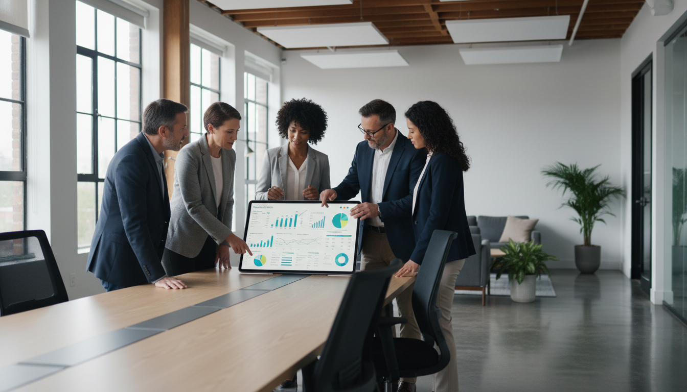 A professional modern office setting with a diverse team looking at a digital tablet displaying insurance data and charts, soft natural lighting, high-quality corporate photography style