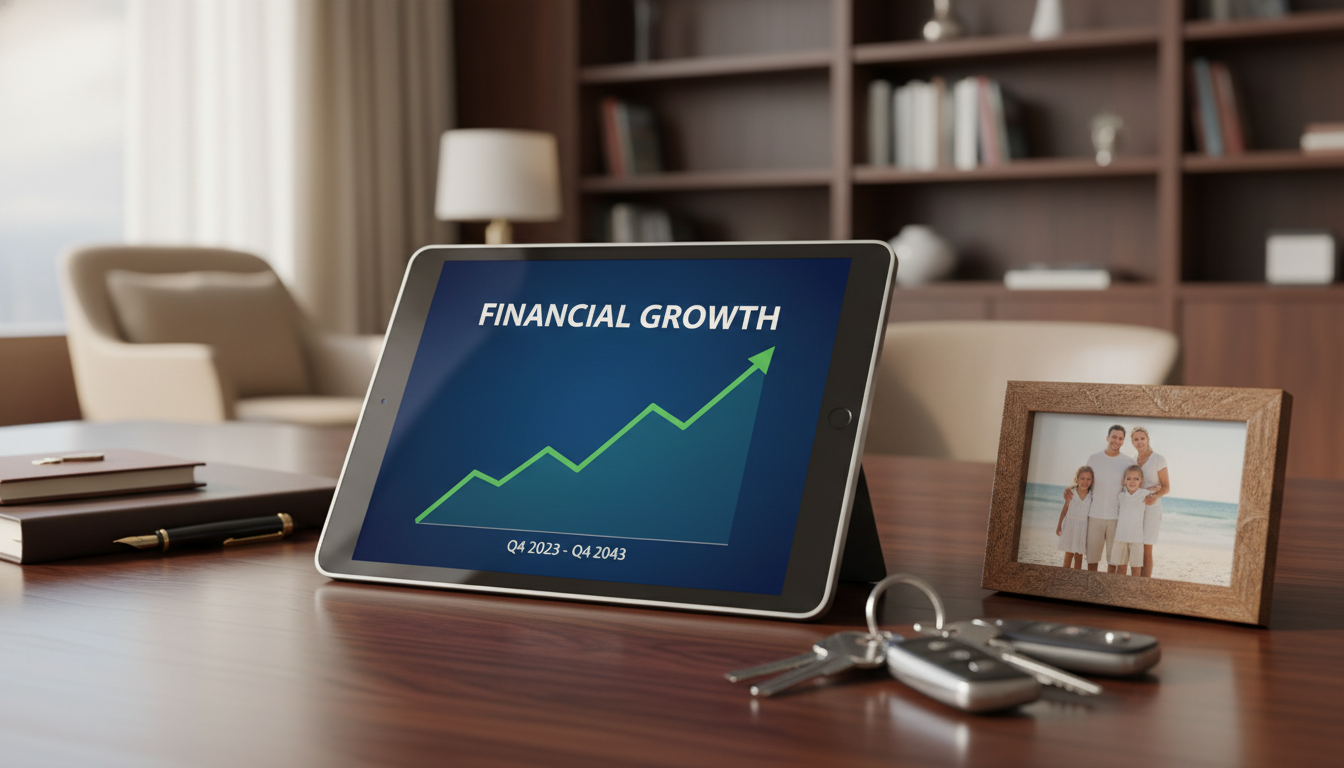 A professional desk with a digital tablet showing financial growth charts, a set of house keys, and a family photo in a wooden frame, symbolizing long-term financial security and legacy planning, high resolution, soft warm lighting
