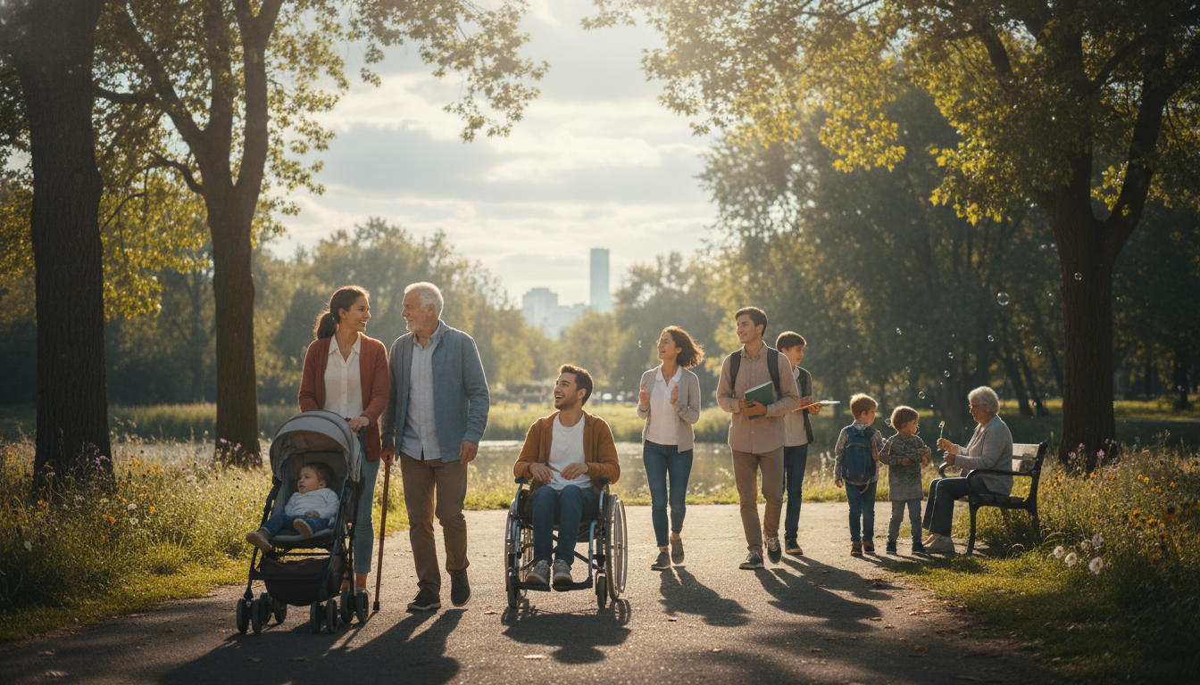 A diverse group of people of various ages walking through a sunlit park, representing different stages of life and health, photorealistic style, soft lighting, 8k resolution