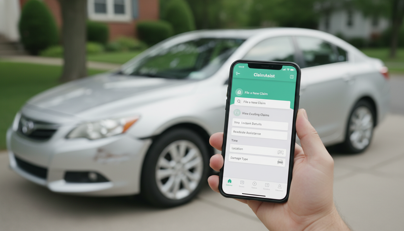 A close-up shot of a person's hand holding a smartphone with an insurance app open, while the background shows a slightly damaged car in a driveway under soft daylight.