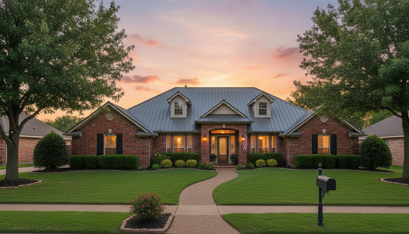 A suburban home in Tulsa, Oklahoma, with a well-manicured lawn and a classic brick exterior, protected by a modern roofing system under a soft sunset sky.