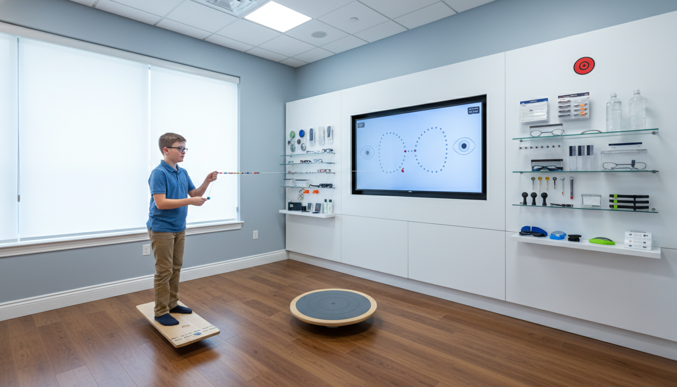 A professional optometry clinic setting showing a specialized vision therapy room with tools like a Brock string, balance boards, and a digital touch-screen for eye-tracking exercises, bright clinical lighting, 8k resolution