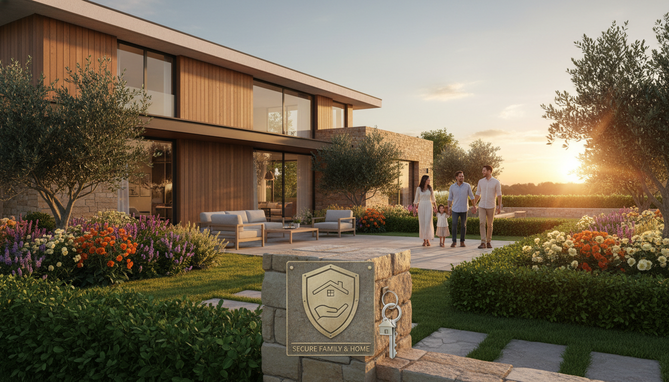 A warm, inviting modern home with a well-maintained garden during the golden hour, representing family security and property protection provided by insurance.