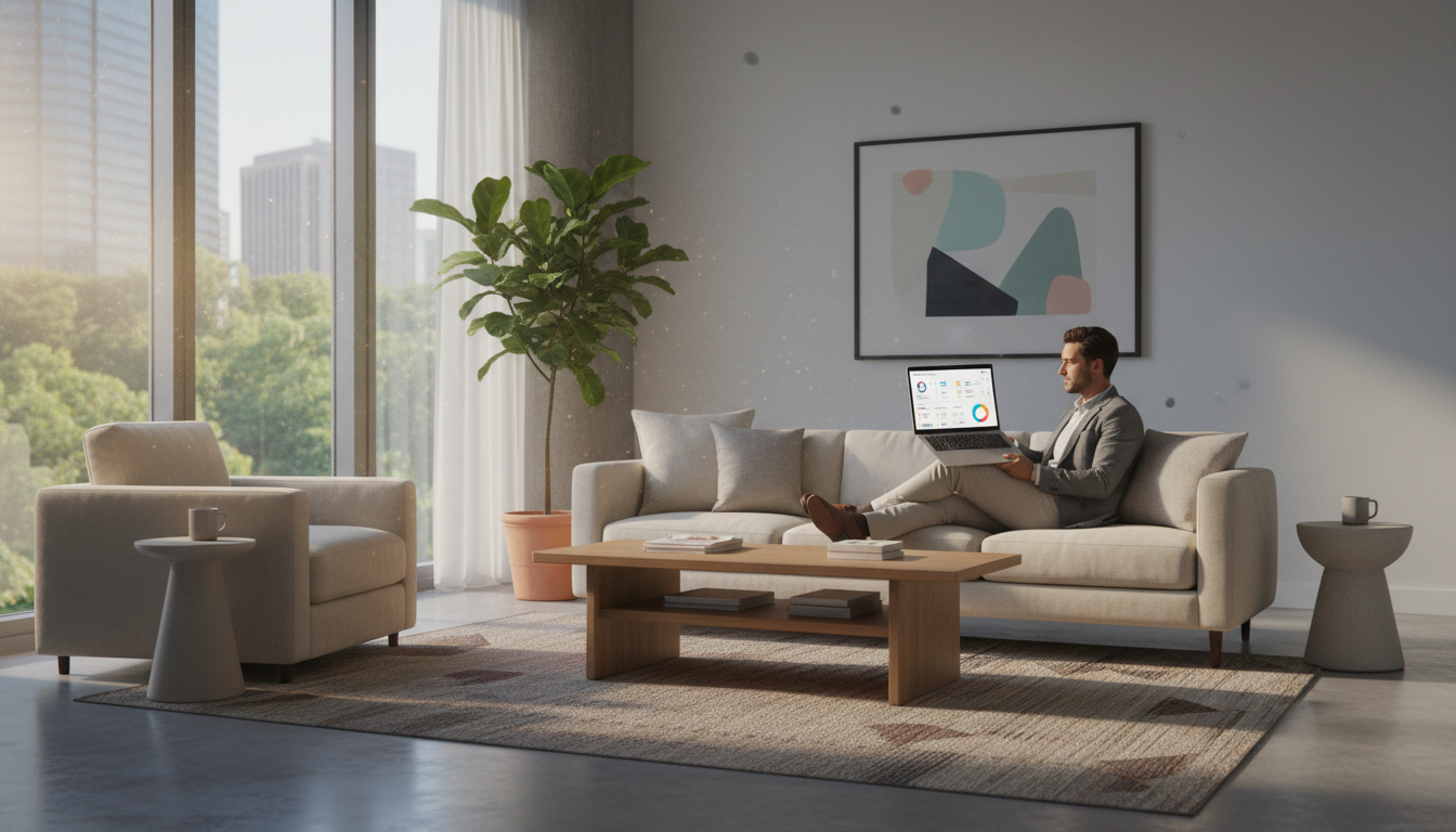 A wide-angle shot of a bright, modern living room where a professional person is sitting comfortably on a sofa with a laptop, showing a clean and colorful insurance dashboard on the screen, with soft morning sunlight streaming through the window.