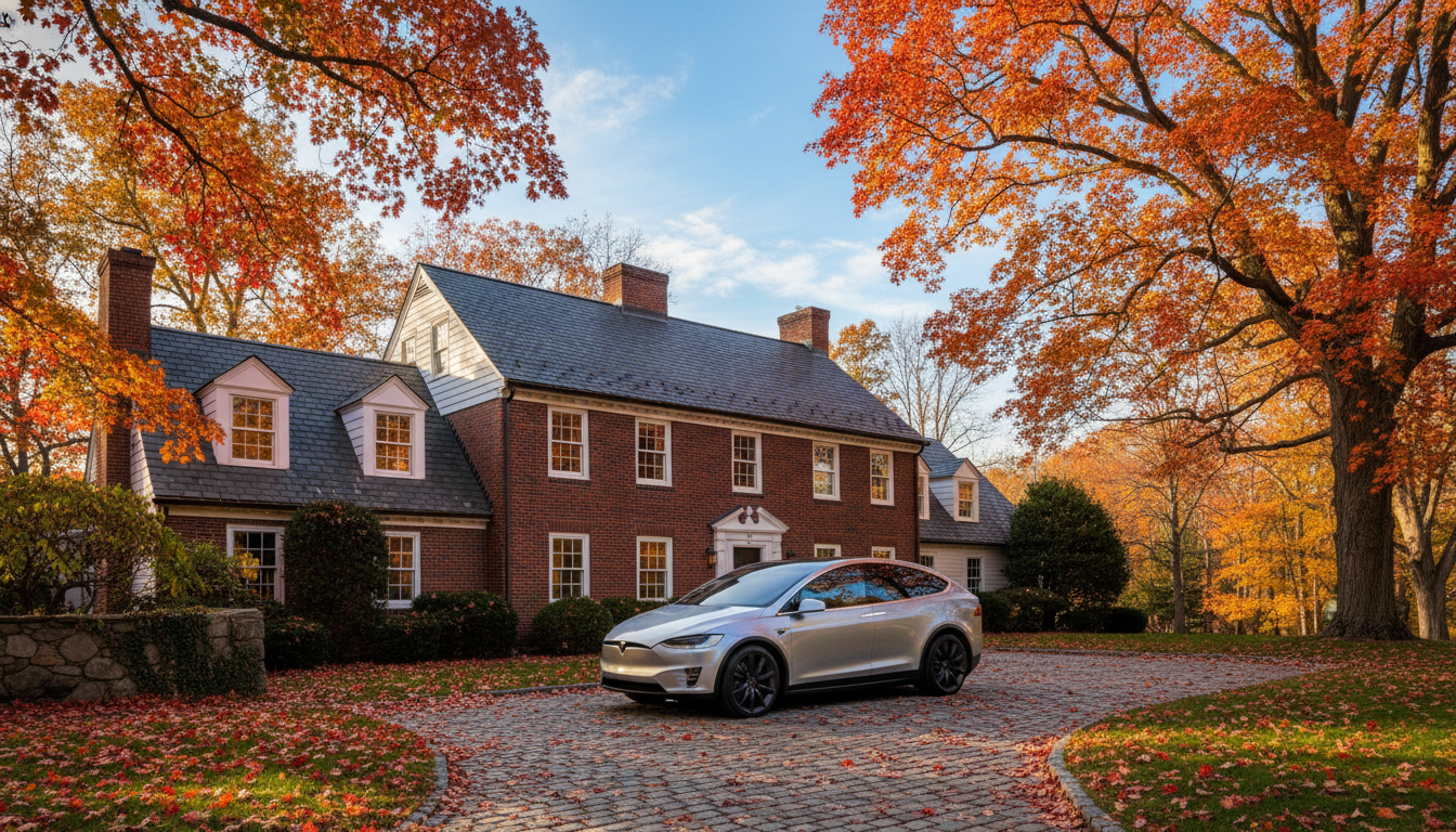 A beautiful New England colonial-style house with a modern hybrid SUV parked in the driveway during a clear autumn day in Massachusetts, surrounded by vibrant red and orange maple leaves.