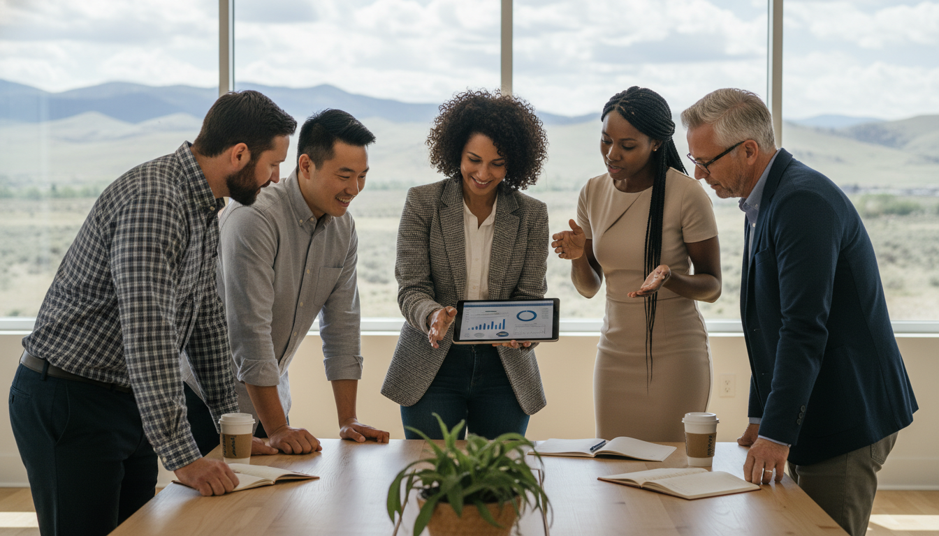 A diverse group of small business owners in a bright, modern Boise office space looking at a digital tablet with a view of the Idaho foothills in the background, professional yet relaxed atmosphere, high quality photography style