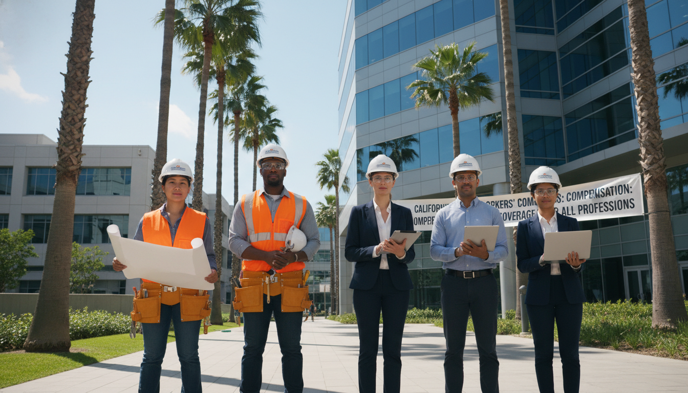 A diverse group of construction workers and office professionals in California, wearing safety gear and casual business attire, standing in front of a modern office building with palm trees, representing the broad spectrum of workers' comp coverage, high-quality professional photography.