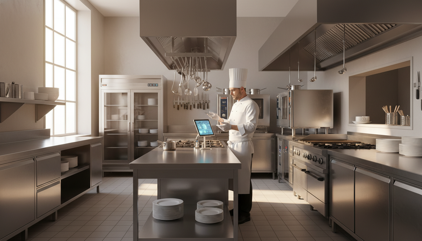A professional and clean commercial restaurant kitchen with modern stainless steel appliances, a chef in a white uniform reviewing a digital tablet, soft morning light coming through a window, signifying safety and business management.