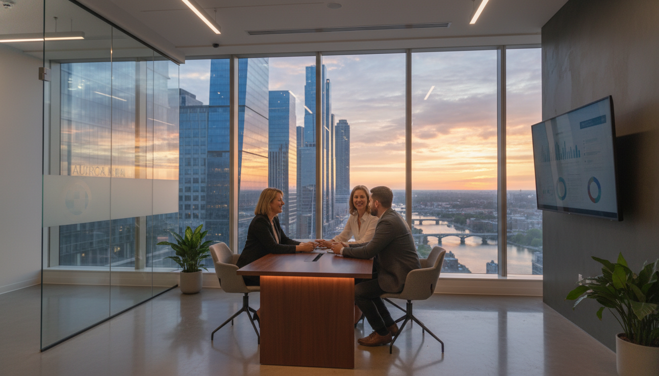 A professional and modern office setting where a young couple is consulting with a financial advisor, large windows in the background showing a city skyline at sunset, soft and warm lighting, professional but comfortable atmosphere, 4k resolution, cinematic style